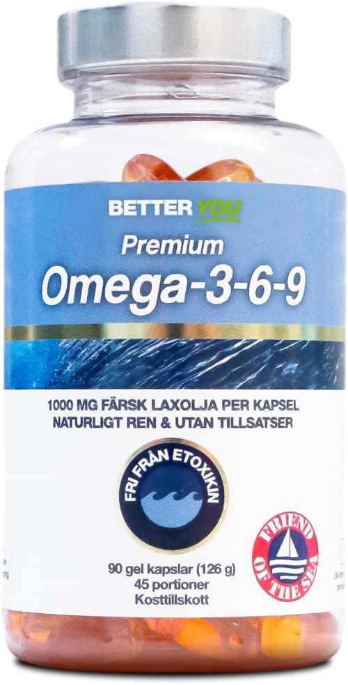 En flaske mærket 'Premium Omega-3-6-9' indeholder fiskeoliekapsler, med oplysninger om dosering og sundhedsfordele.