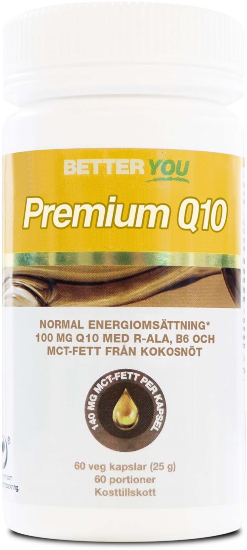 En vit flaska med kosttillskott med gul etikett som säger "Premium Q10" och information om ingredienser och kapslar.