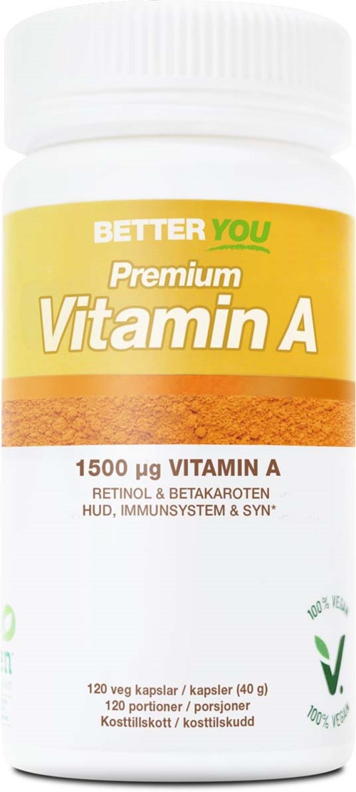 Flesje met vitamine A-supplementen met geel en wit label, toont dosering en ingrediënten.