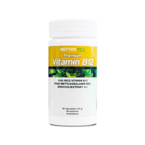 En hvit flaske med gul etikett som sier 'Vitamin B12' og nevner brokkolieekstrakt og 1000 mcg dosering.