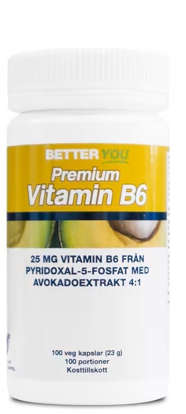 En hvit flaske med gul etikett som sier "Better You Premium Vitamin B6" og informasjon i mindre tekst.