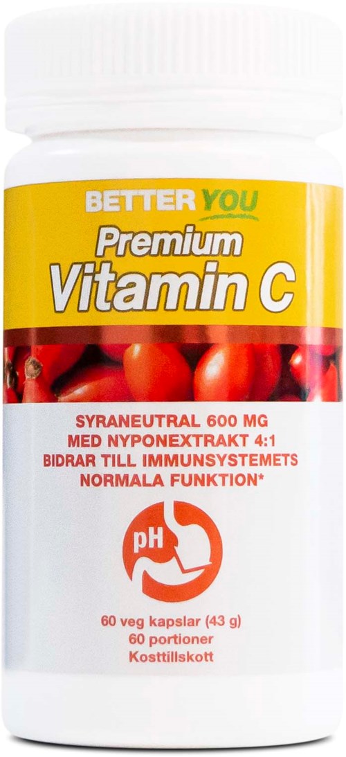 En vit flaska med C-vitamin-kapslar med gul etikett och röda fruktsbilder, påstår att den stärker immunförsvaret och har normal funktion.