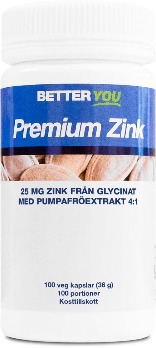 En kosttillskottsflaska märkt 'Premium Zinc' från Better You med 100 kapslar. Innehåller zink från glycin samt pumpafröextrakt.