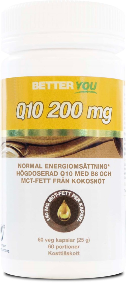 Bottle label for a supplement with Q10 200 mg, designed to support energy and contain 60 capsules.