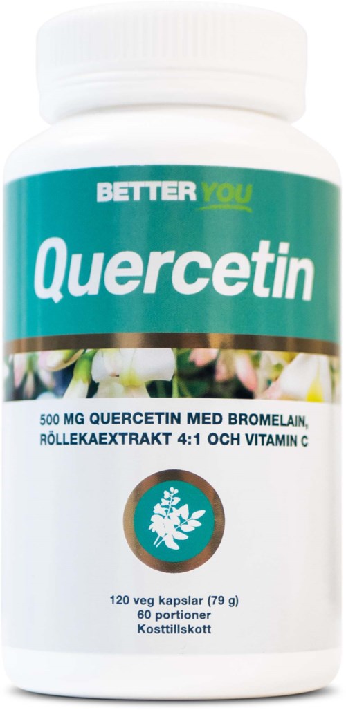 En flaska märkt Quercetin med doseringsuppgifter och ingredienser, inklusive blomma och kapslar inuti.
