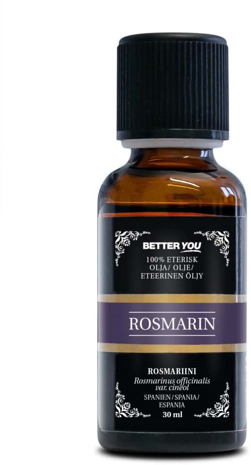Mała brązowa butelka z czarnym kapselkiem, etykieta rozmaryn, 30 ml.