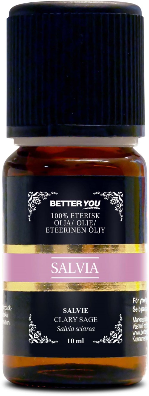 Liten brun flaska med svart lock, märkt som salvia eterisk olja med lila och svart design.