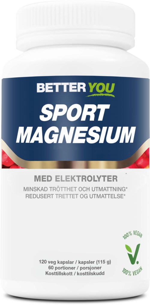 En flaska märkt Better You Sport Magnesium med elektrolyter, vegansk, och avsedd att minska trötthet och utmattning.