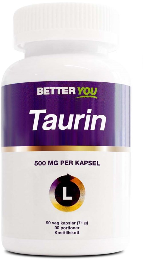 En vit flaska märkt "Taurin" med lila och gröna detaljer, innehåller 90 kapslar, varje 500 mg.