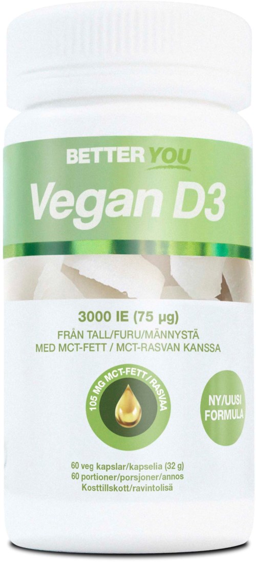 Vegan D3 ravintolisä pullo, vihreä ja valkoinen etiketti, sisältää kapselit immuunipuolustukseen, 75 mikrogramman annostus.