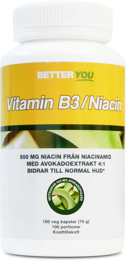 Flaske med vitamin B3/niacin-tilskudd med grønn og gul etikett, som angir 500 mg niacin fra naturlig ekstrakt.