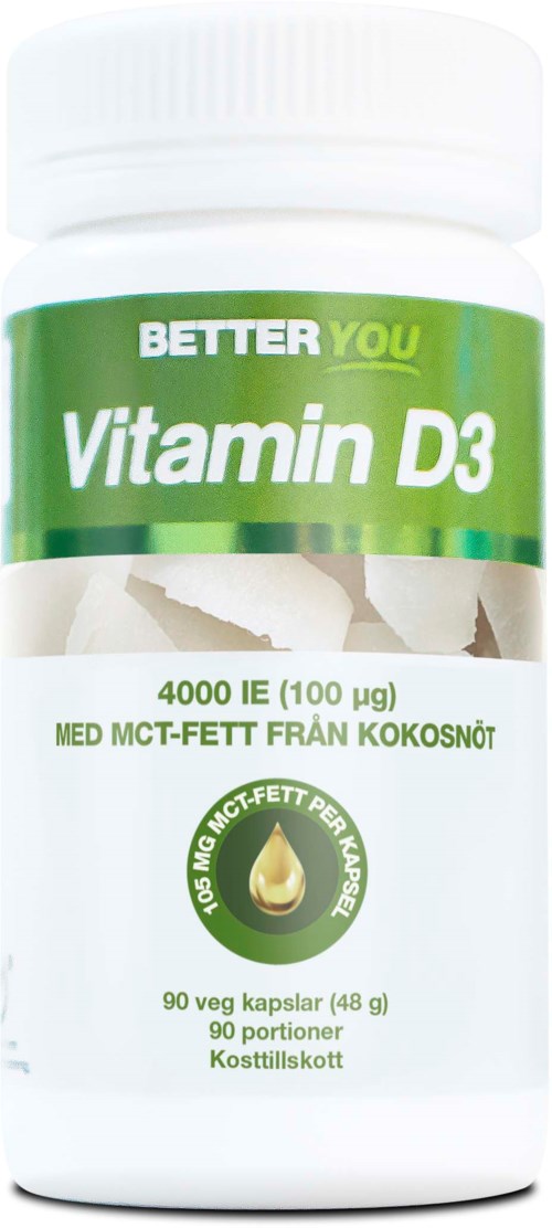 En flaske med Vitamin D3-kapsler med grønn og hvit etikett, viser merket 'BETTER YOU' og detaljer på norsk.
