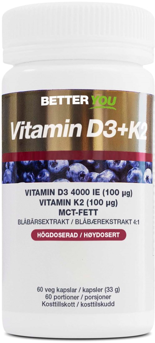 Pullossa ravintolisää, jossa on mustikoita ja etikettitiedot vitamiineista D3 ja K2.