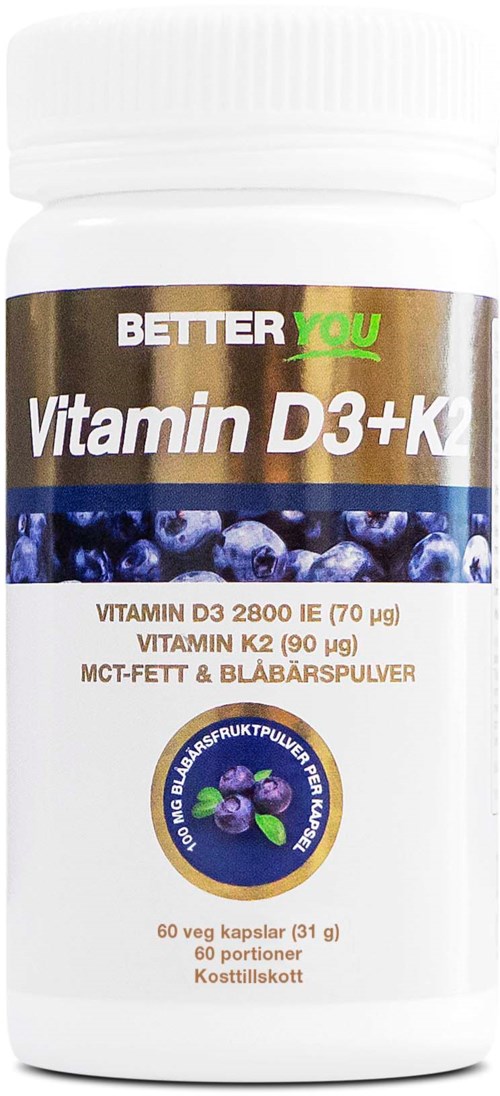 Flaska med kosttillskott med blåbär och vitaminer D3 och K2, innehåller 60 kapslar, för hälsostöd.