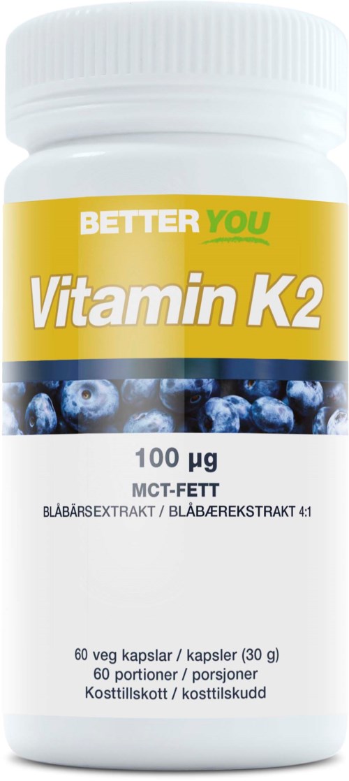 En vit flaska med en gul etikett som säger BETTER YOU Vitamin K2, blåbärsextrakt och 60 kapslar.