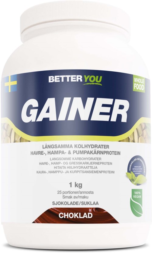 A white container of Gainer with blue and green label, showing it's for whole food and vegan, chocolate flavor.