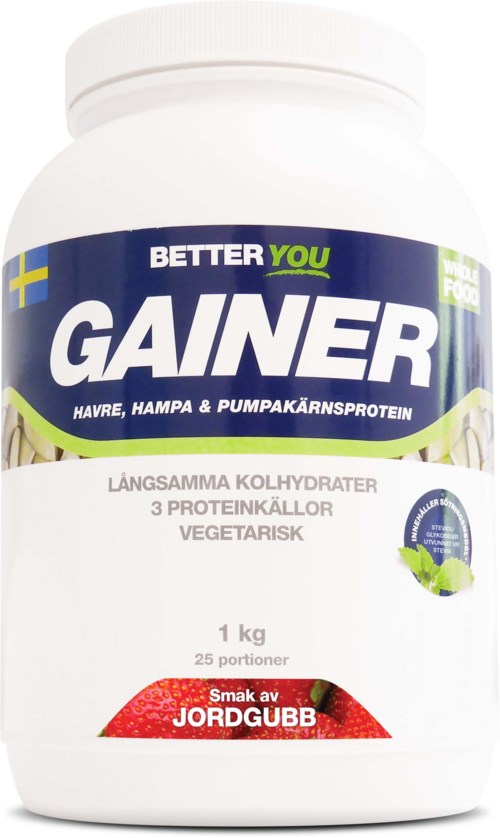 En hvit beholder med vegansk proteinpulver med blå, grønn og rød etikett, med svensk tekst og jordbærsmak.