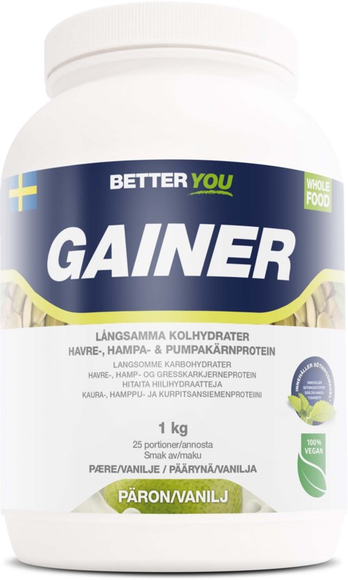 A white container of Gainer with labels, Swedish flag, and green vegan logo, mentioning flavors and ingredients for muscle gain.