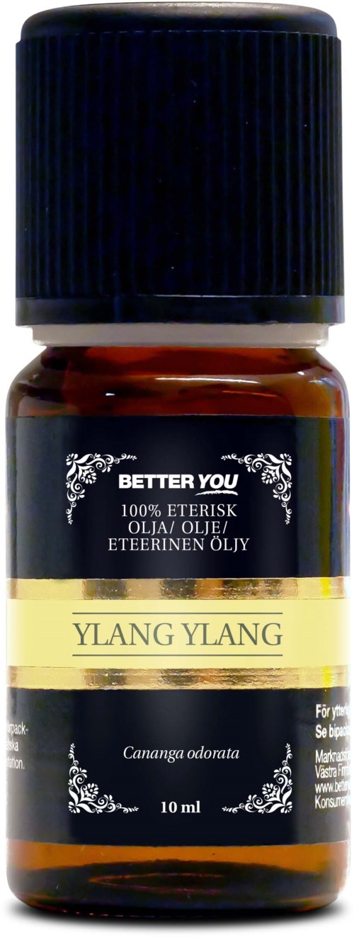 Small brown bottle with black cap, labeled 'Ylang Ylang' essential oil, 10ml, from Better You.