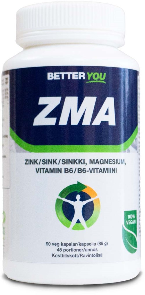 En burk kosttillskott med zink, magnesium och vitamin B6, märkt som vegansk och för hälsostöd.