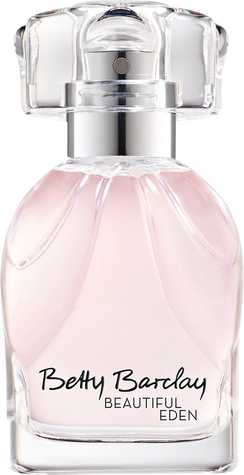 En tydlig glasparfymflaska med rosa vätska inuti, märkt Betty Barclay Beautiful Eden, och ett dekorativt lock.