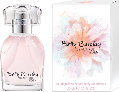 En parfyllikörflaska och box med rosa och orange akvarelldesign, kallad Betty Barclay Beautiful Eden.