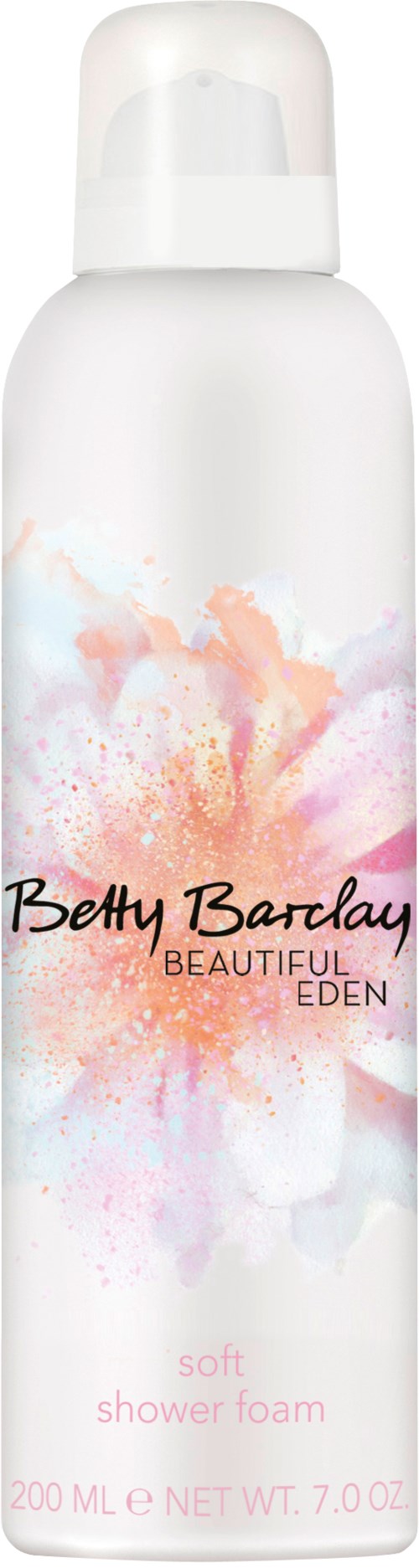 Valkoinen pullo, jossa vaaleanpunaisia ja oransseja vesiväriälykkeitä, nimeltä Betty Barclay Beautiful Eden pehmeä suihkuvaahto.