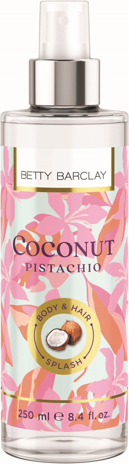 butelka spray do ciała i włosów o smaku kokos i pistacja od Betty Barclay z różowymi liśćmi.