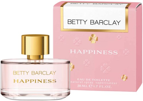 En rosa æske og en glasparfymflaske med guldhoved. Æsken og flasken er mærket Betty Barclay Happiness.