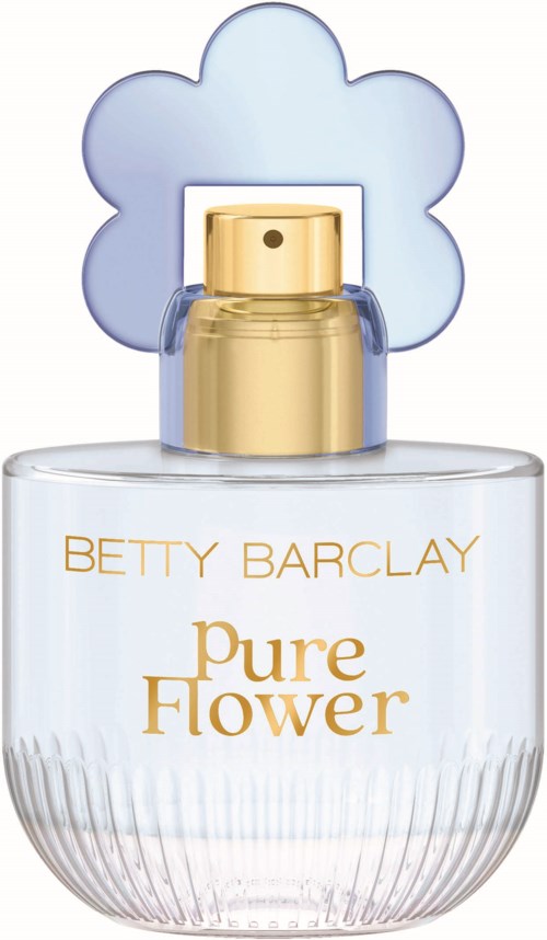 Butelka perfum z złotym rozpylaczem, Betty Barclay Pure Flower, i fioletowy kształt kwiatu w tle.