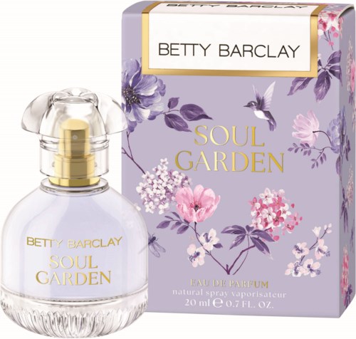 Pustekonik i opakowanie z fioletowymi i różowymi kwiatami, noszące nazwę 'Soul Garden' od Betty Barclay.