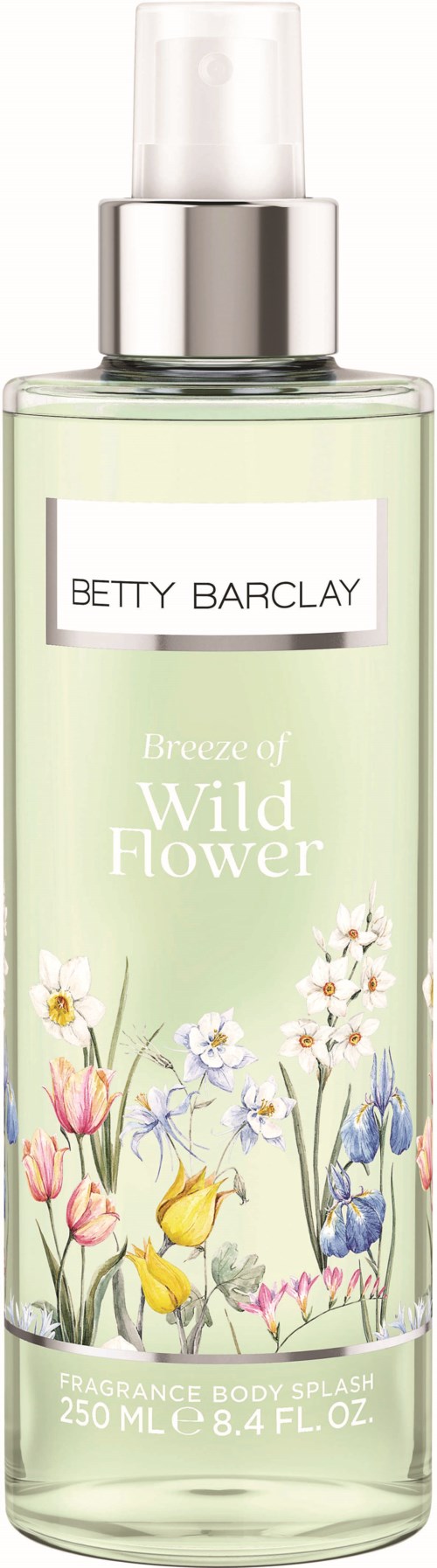 Przezroczysta butelka z rozpylaczem, oznaczona Betty Barclay Breeze of Wild Flower, zawiera jasnozieloną ciecz. Ma kolorowe ilustracje kwiatów.