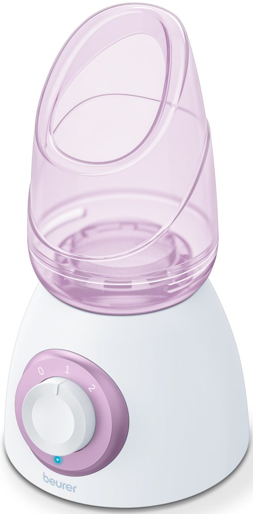 En liten enhet med ett rosa genomskinligt lock, en kontrollknapp och en vit bas, används för ånga eller värme.