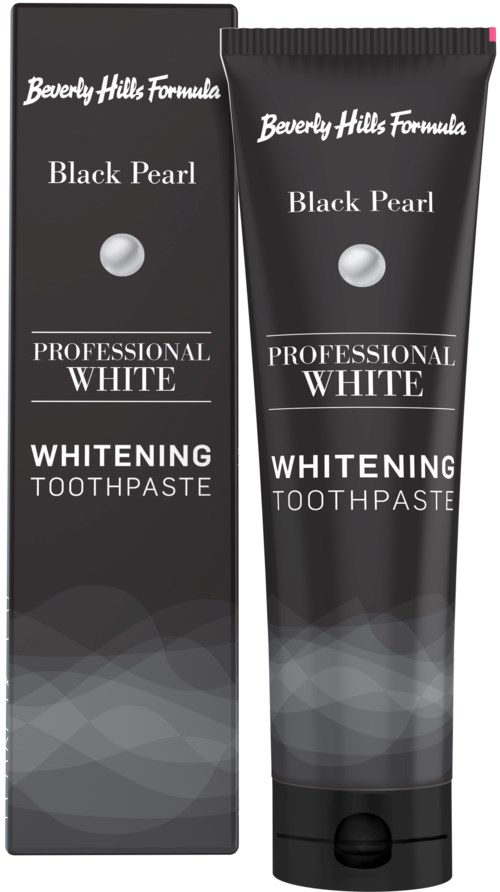 En svart och vit tandkrämsrör och låda med etiketter: Beverly Hills Formula, Black Pearl, Professional White, Whitening Toothpaste.