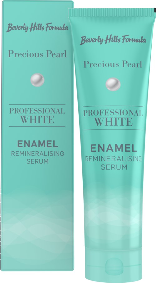 En tub och förpackning av Beverly Hills Formula Precious Pearl emalj reminaliserande serum i turkost med text och en pärlbilder.