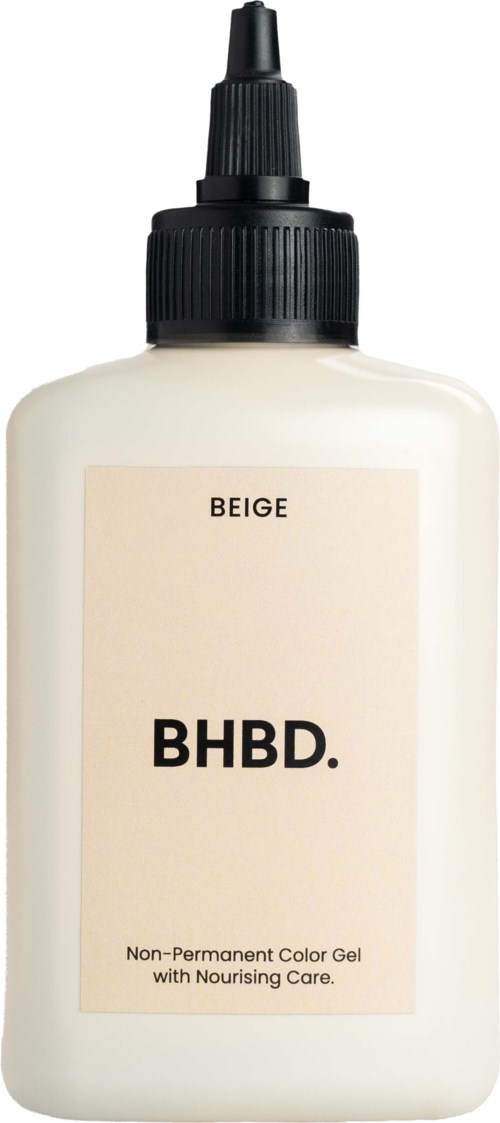 En vit flaska med en svart pip, märkt "BEIGE" och "BHBD." för vårdande färggelé. Enkel design.