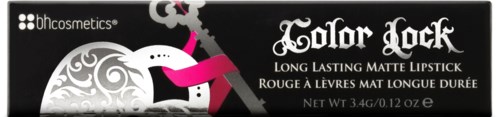 En svart låda med rosa och vit design, text om långvarigt matt läppstift och en liten logga.