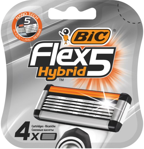 En förpackning med BIC Flex 5 Hybrid-rakhyvlar med fyra klingor i grått, svart och orange, för rakning.