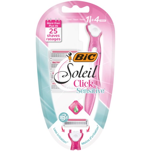 A pink razor with an ergonomic handle and three blades, designed for sensitive skin. Contains a refill cartridge.