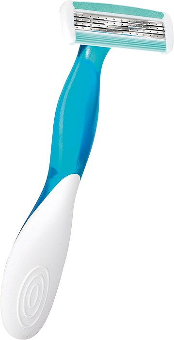 A blue and white razor with a modern design, featuring a wide razor head and a curved handle.