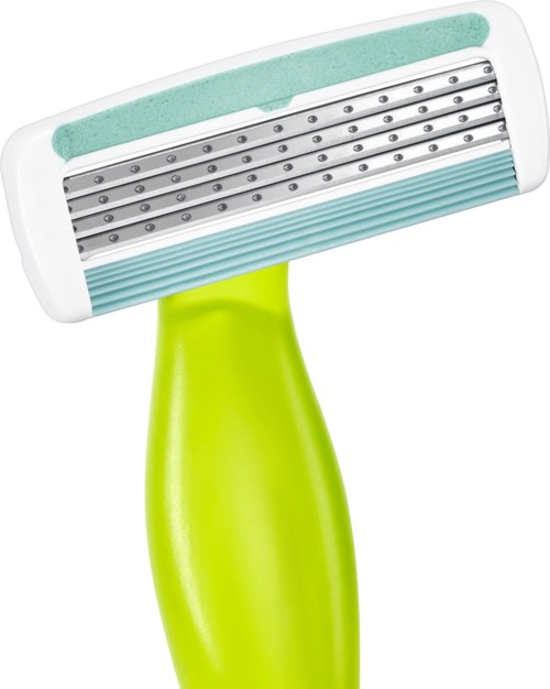 A cleaning razor with a bright green handle and a multi-layered blade head, designed for shaving hair.