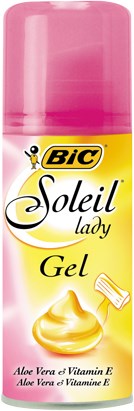 En rosa flaske BIC Soleil Lady Gel med aloe vera og vitamin E for hudpleie.