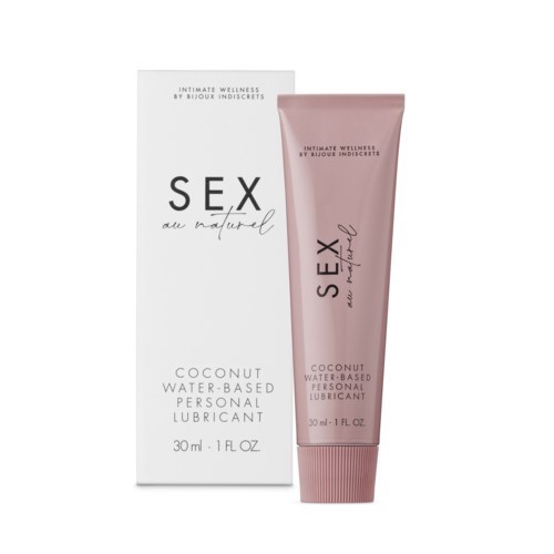 A pink tube and box for personal lubricant with coconut flavor, water-based, 30 ml, labeled "SEX au naturel."