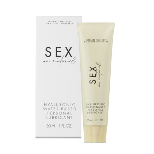 En tube og eske med personlig glidekrem merket 'SEX au naturel, Hyaluronic, vannbasert.'