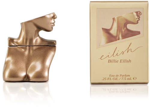 Gold bust-shaped perfume bottle with packaging showing a neck and shoulder silhouette and a handwritten style.