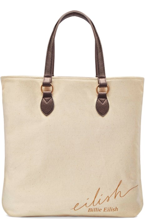 En beige väska med bruna handtag och orden 'Eilish Billie Eilish' skrivna i orange längst ner.
