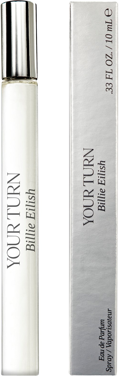 Hoikavaha hajuvesipullon hopeisella korkilla ja valkoinen laatikko, jossa lukee 'YOUR TURN Bulie Eilish' 10 ml.
