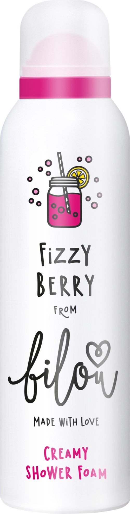 En vit duschskumflaska med rosa detaljer och en söt bärillustration. Texten säger 'Fizzy Berry' och 'Filou' med kärlek.
