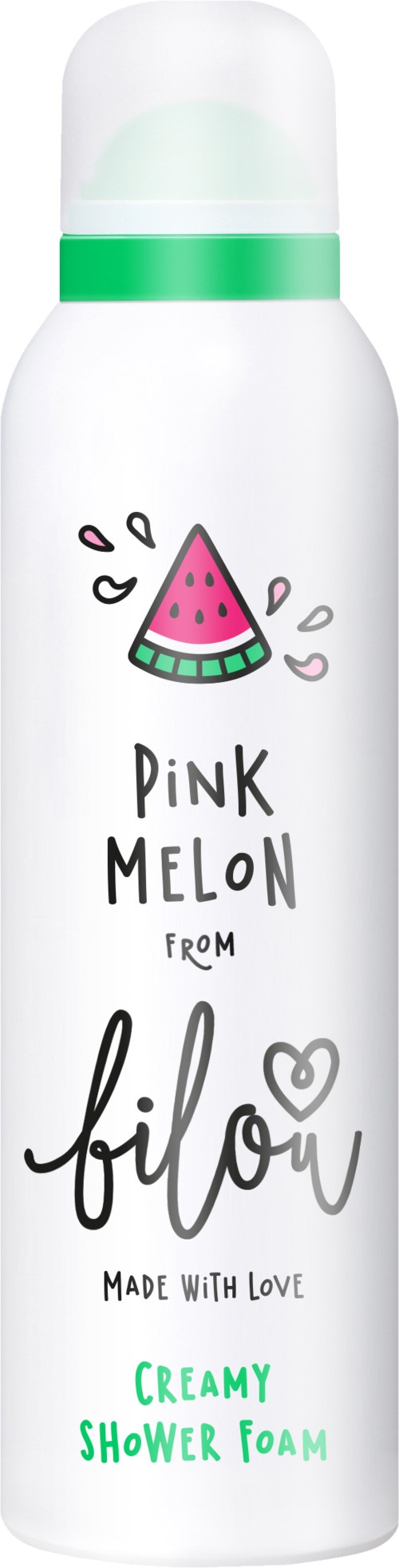 En vit flaska med en grön kork, med en rosa melonsymbol och handstilstext för duschskum.