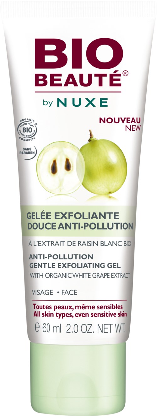 En tub med mild peeling ansiktsgel med naturligt vitt druvextrakt och päronillustration.